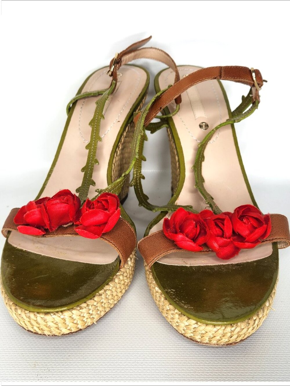 CELINE vintage 38 woman ROSEBUDS Leather & raffia Platform Sandals Authentic - Picture 4 of 5